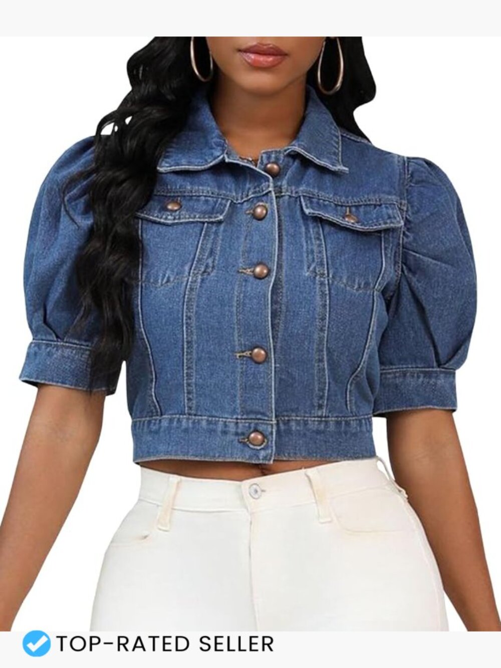 Cropped Denim Jacket Women Short Sleeve Puff Sleeve Button Down Casual Summer